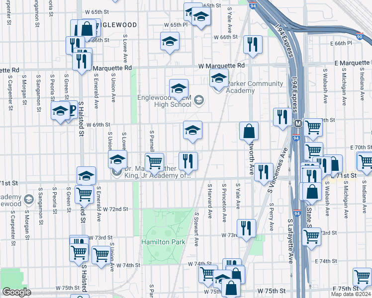 map of restaurants, bars, coffee shops, grocery stores, and more near 418 West 70th Street in Chicago
