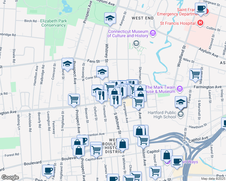 map of restaurants, bars, coffee shops, grocery stores, and more near 40 Whitney Street in Hartford
