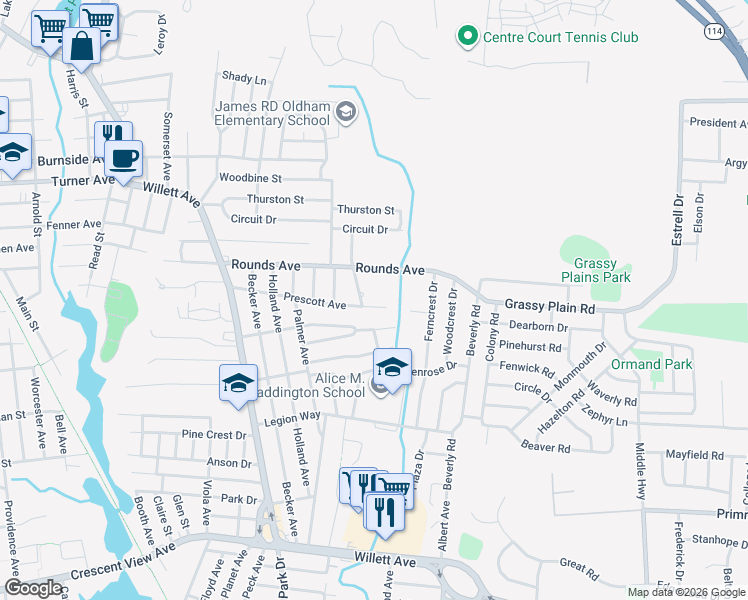 map of restaurants, bars, coffee shops, grocery stores, and more near 120 Prescott Avenue in East Providence