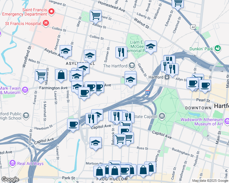 map of restaurants, bars, coffee shops, grocery stores, and more near 151 Farmington Avenue in Hartford
