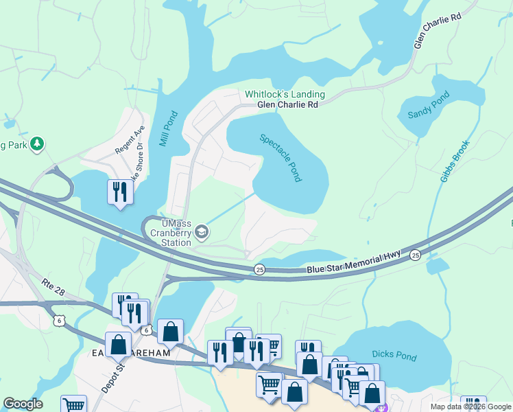map of restaurants, bars, coffee shops, grocery stores, and more near 14 Spectacle Pond Road in Wareham