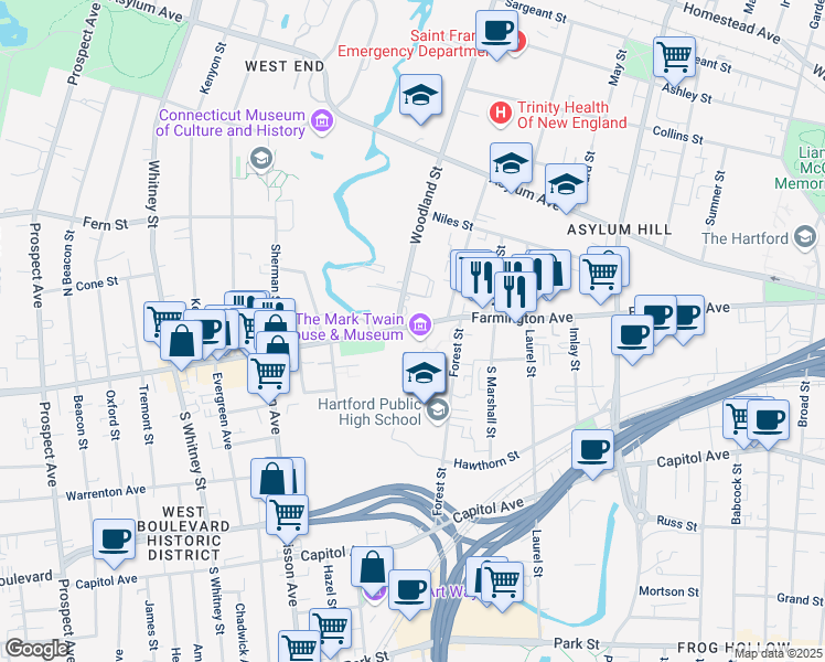 map of restaurants, bars, coffee shops, grocery stores, and more near 367 Farmington Avenue in Hartford