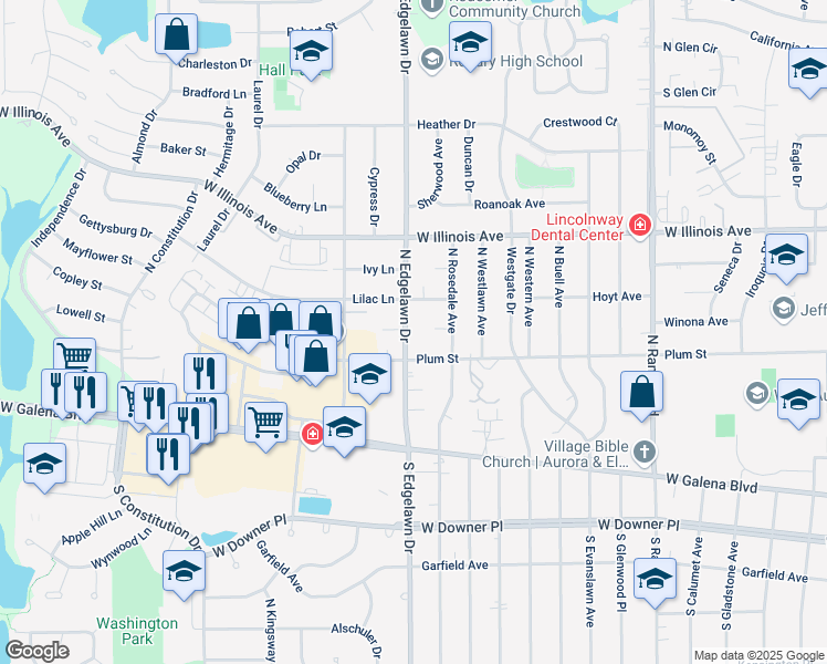map of restaurants, bars, coffee shops, grocery stores, and more near 531 North Edgelawn Drive in Aurora