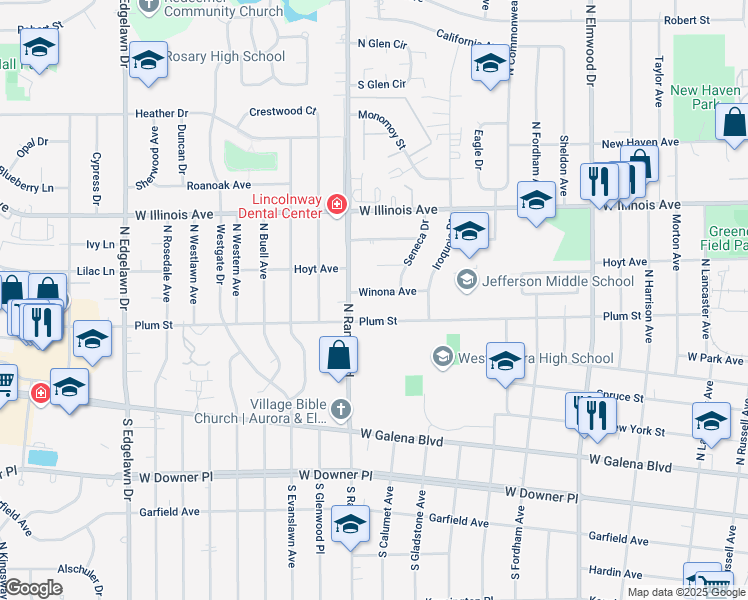 map of restaurants, bars, coffee shops, grocery stores, and more near 1324 Winona Avenue in Aurora