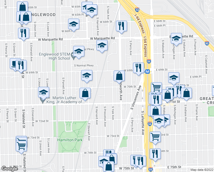 map of restaurants, bars, coffee shops, grocery stores, and more near 6959 South Princeton Avenue in Chicago