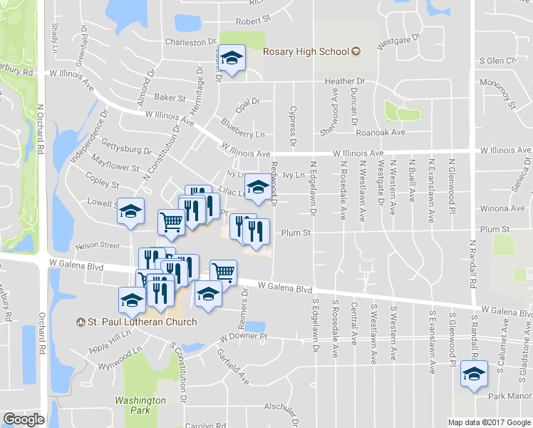 map of restaurants, bars, coffee shops, grocery stores, and more near 550 Redwood Dr in Aurora
