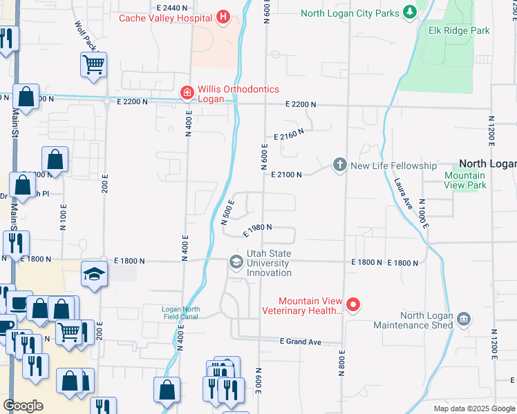 map of restaurants, bars, coffee shops, grocery stores, and more near 575 E 2000 N in North Logan