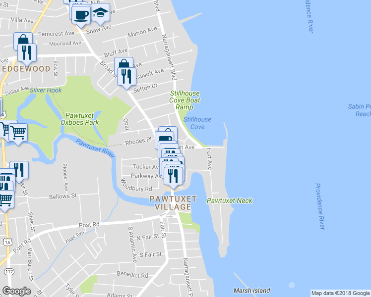 map of restaurants, bars, coffee shops, grocery stores, and more near 126 Ocean Avenue in Cranston