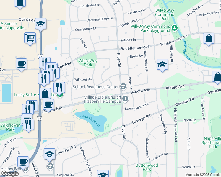 map of restaurants, bars, coffee shops, grocery stores, and more near Burr Oak Court in Naperville