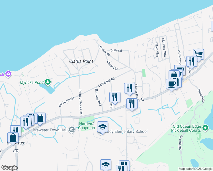 map of restaurants, bars, coffee shops, grocery stores, and more near 110 Mates Way in Brewster