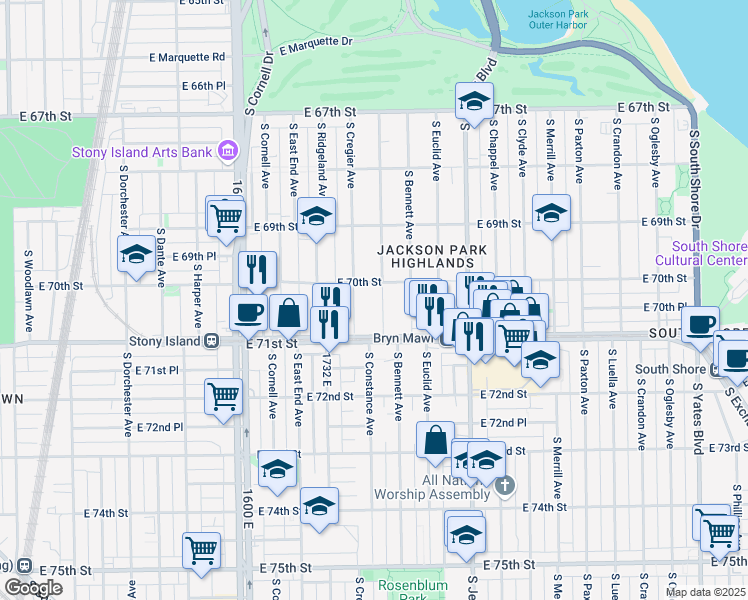 map of restaurants, bars, coffee shops, grocery stores, and more near 7012 South Constance Avenue in Chicago