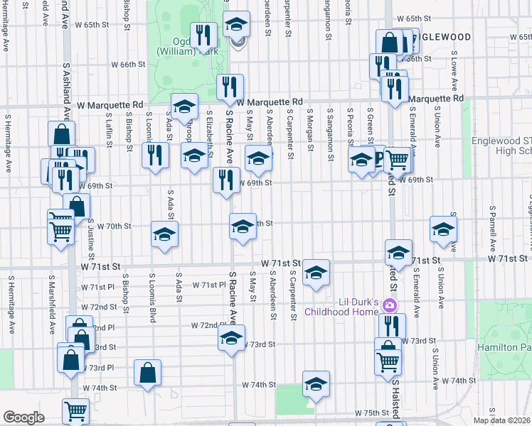 map of restaurants, bars, coffee shops, grocery stores, and more near 6941 South May Street in Chicago