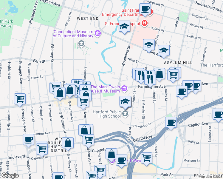 map of restaurants, bars, coffee shops, grocery stores, and more near 402 1/2 Farmington Avenue in Hartford