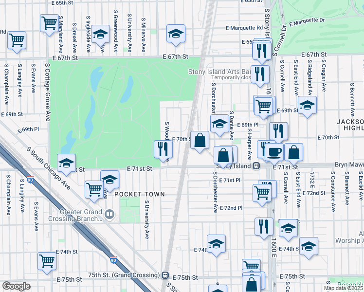 map of restaurants, bars, coffee shops, grocery stores, and more near 7005 South Kimbark Avenue in Chicago