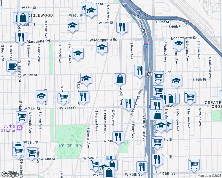 map of restaurants, bars, coffee shops, grocery stores, and more near 6950 South Yale Avenue in Chicago