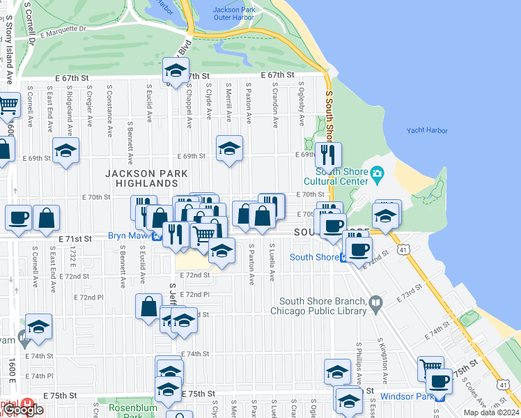 map of restaurants, bars, coffee shops, grocery stores, and more near 7016 South Paxton Avenue in Chicago