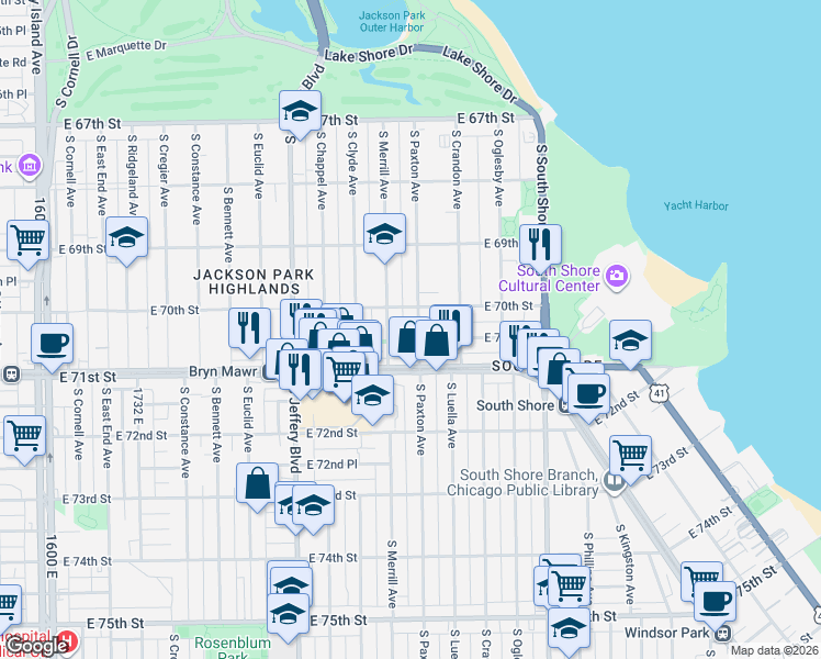 map of restaurants, bars, coffee shops, grocery stores, and more near 7016 South Paxton Avenue in Chicago