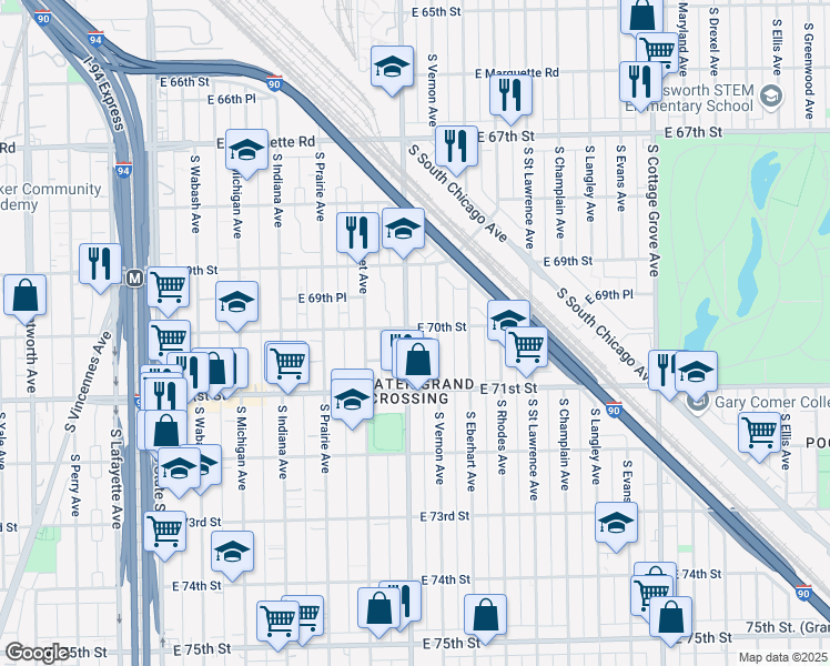 map of restaurants, bars, coffee shops, grocery stores, and more near 7001 South King Drive in Chicago