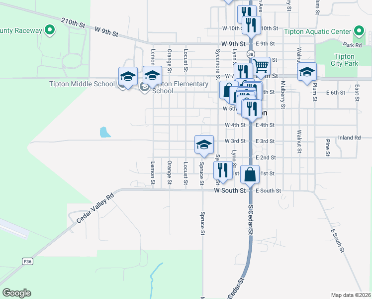 map of restaurants, bars, coffee shops, grocery stores, and more near 250 Locust Street in Tipton