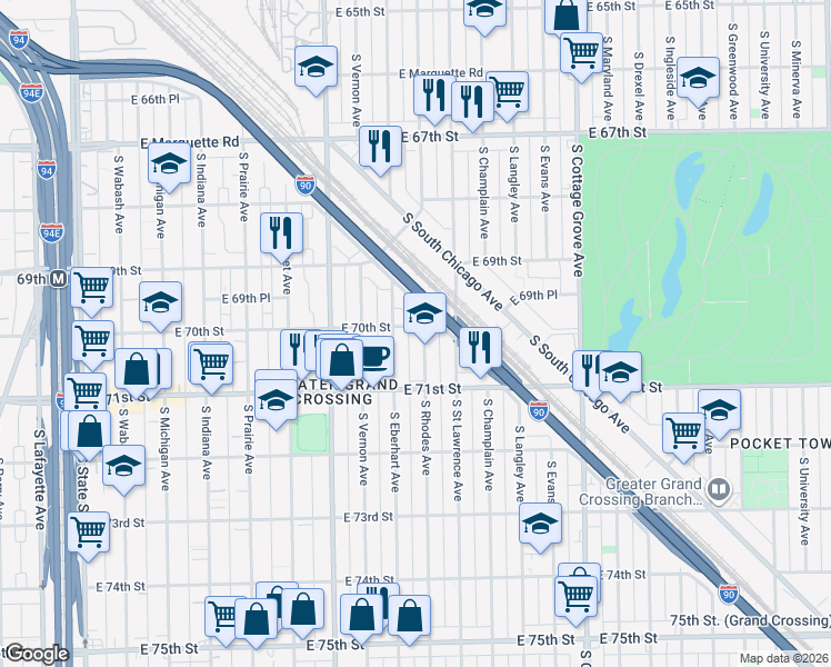 map of restaurants, bars, coffee shops, grocery stores, and more near 7002 South Rhodes Avenue in Chicago