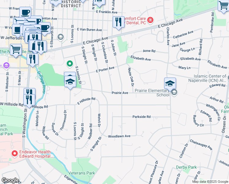 map of restaurants, bars, coffee shops, grocery stores, and more near 623 Prairie Avenue in Naperville