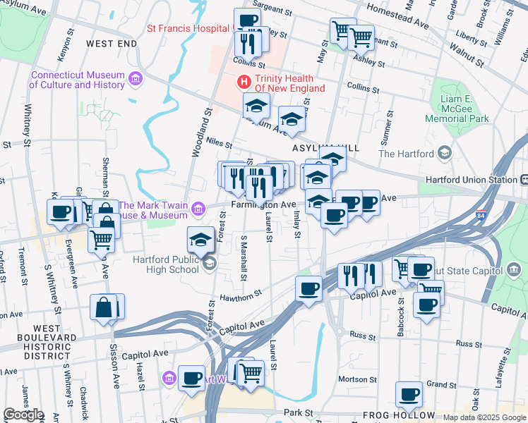 map of restaurants, bars, coffee shops, grocery stores, and more near 267 Farmington Avenue in Hartford
