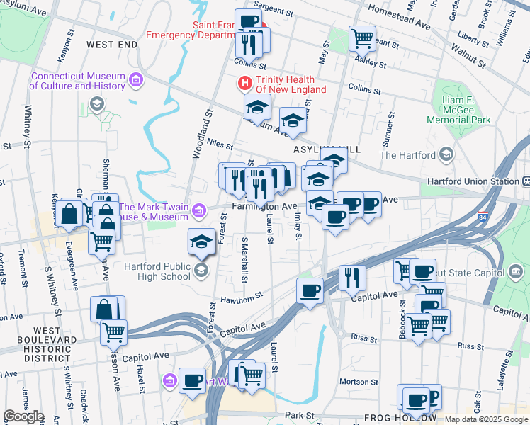 map of restaurants, bars, coffee shops, grocery stores, and more near 267 Farmington Avenue in Hartford