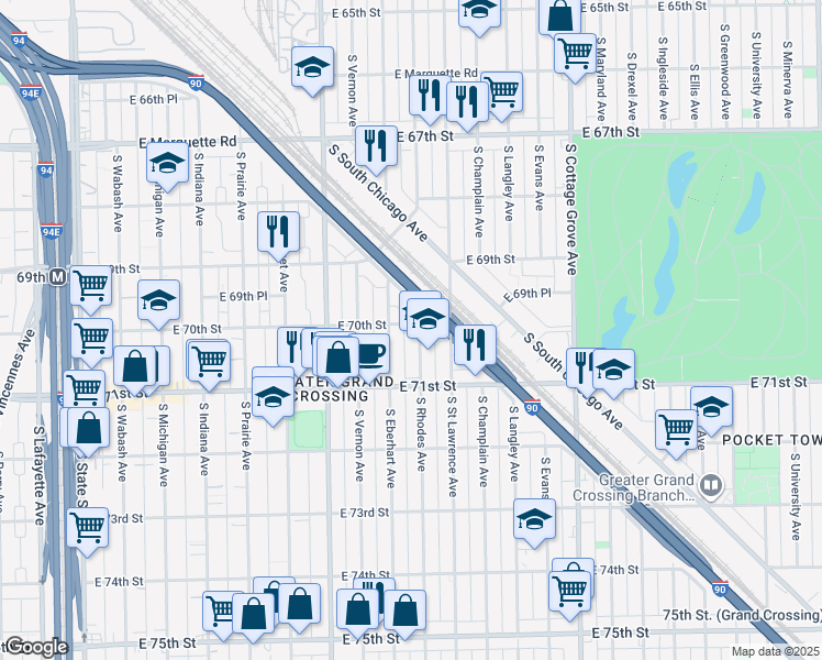 map of restaurants, bars, coffee shops, grocery stores, and more near 7002 South Rhodes Avenue in Chicago
