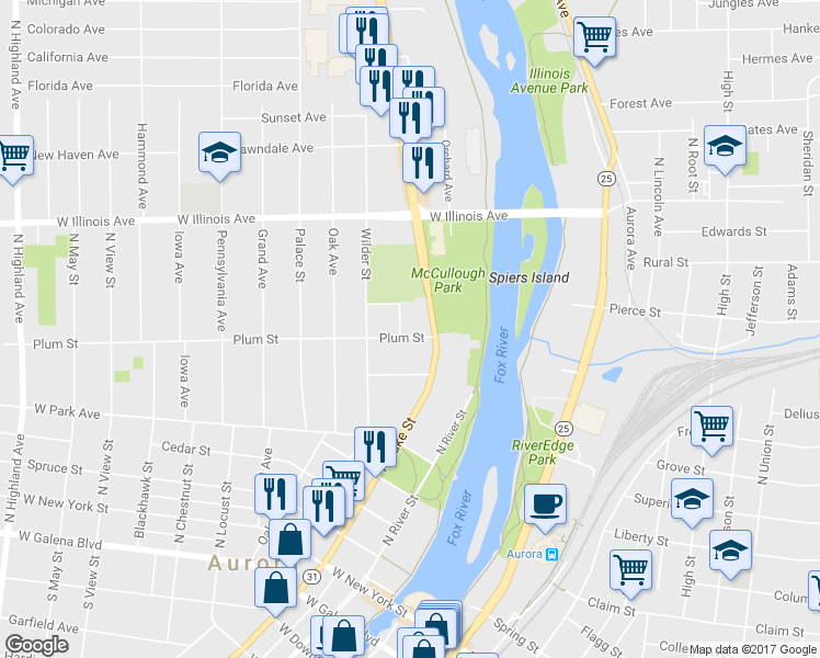 map of restaurants, bars, coffee shops, grocery stores, and more near 217 Plum St in Aurora