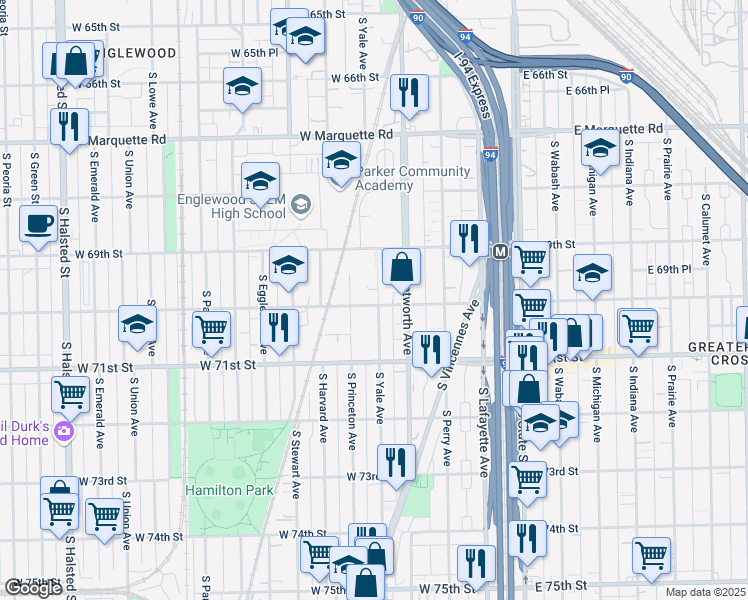 map of restaurants, bars, coffee shops, grocery stores, and more near 6956 South Yale Avenue in Chicago