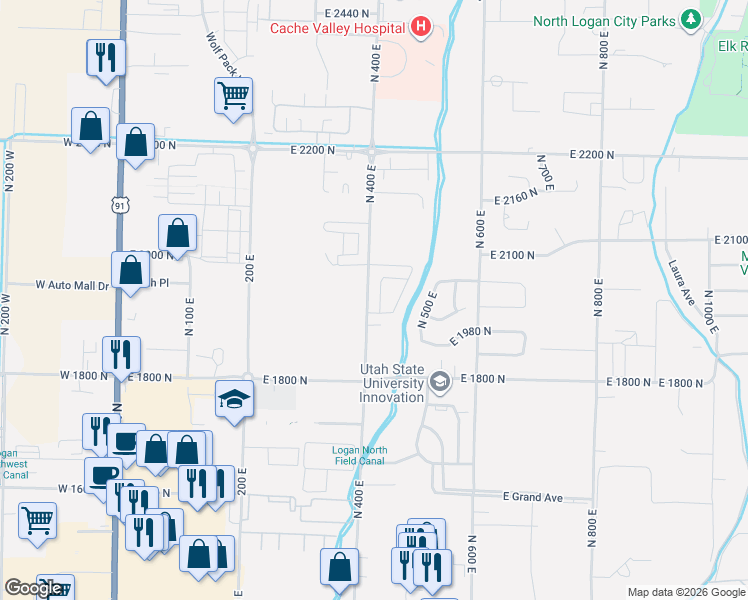 map of restaurants, bars, coffee shops, grocery stores, and more near 1939 420 West in North Logan