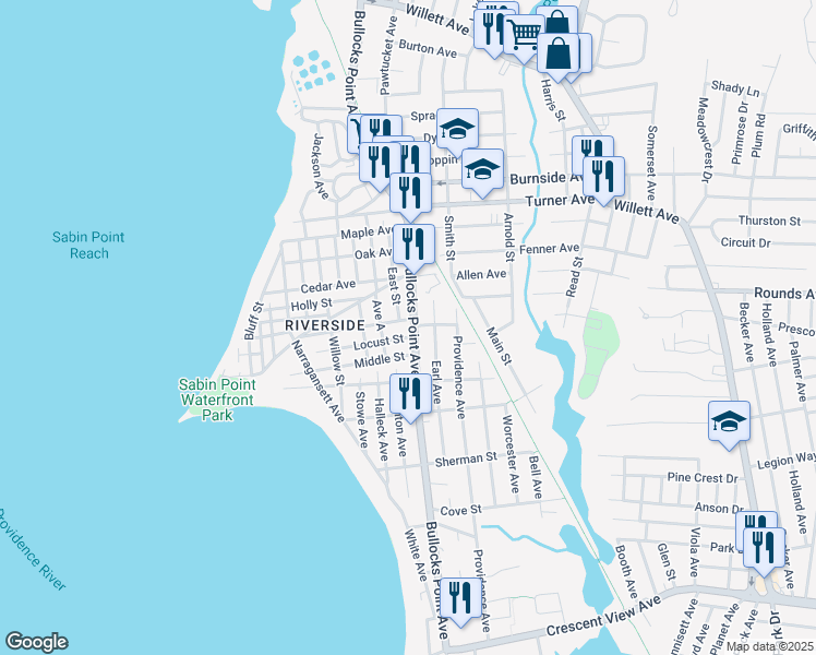 map of restaurants, bars, coffee shops, grocery stores, and more near 366 Bullocks Point Avenue in East Providence