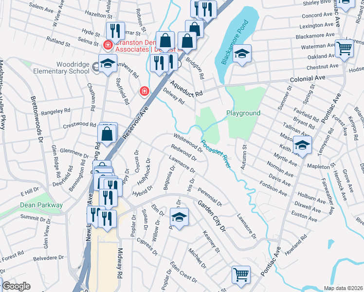 map of restaurants, bars, coffee shops, grocery stores, and more near 81 Whitewood Drive in Cranston