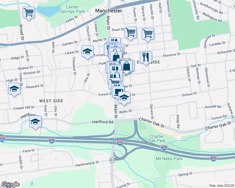 map of restaurants, bars, coffee shops, grocery stores, and more near 212 Connecticut 83 in Manchester