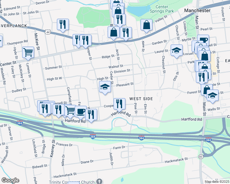 map of restaurants, bars, coffee shops, grocery stores, and more near 95 Cedar Street in Manchester