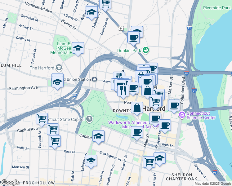 map of restaurants, bars, coffee shops, grocery stores, and more near 129 Ann Uccello Street in Hartford