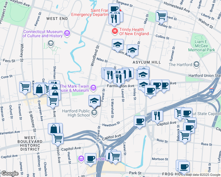 map of restaurants, bars, coffee shops, grocery stores, and more near in Hartford