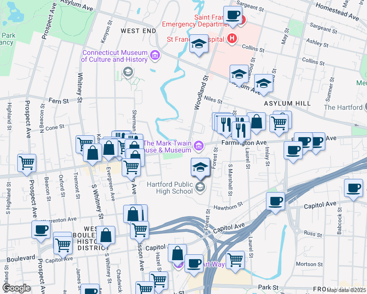 map of restaurants, bars, coffee shops, grocery stores, and more near 402 1/2 Farmington Avenue in Hartford