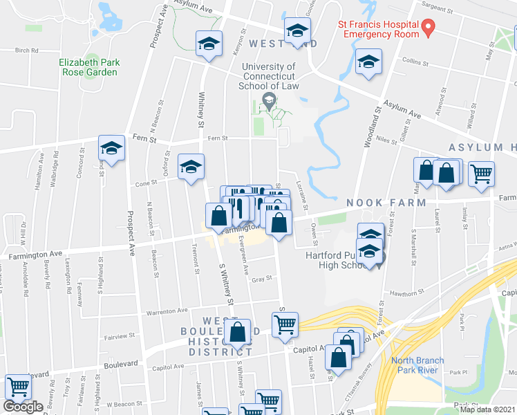 map of restaurants, bars, coffee shops, grocery stores, and more near 26 Girard Avenue in Hartford