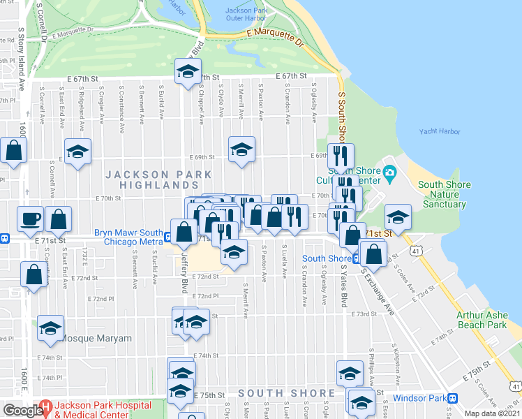 map of restaurants, bars, coffee shops, grocery stores, and more near 7016 South Paxton Avenue in Chicago