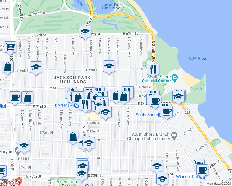 map of restaurants, bars, coffee shops, grocery stores, and more near 7016 South Paxton Avenue in Chicago