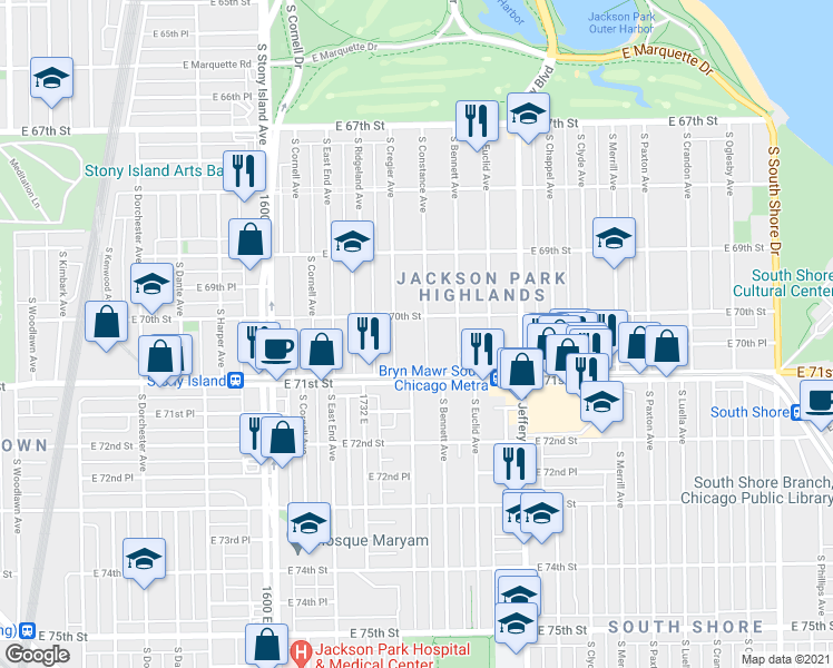 map of restaurants, bars, coffee shops, grocery stores, and more near 7012 South Constance Avenue in Chicago