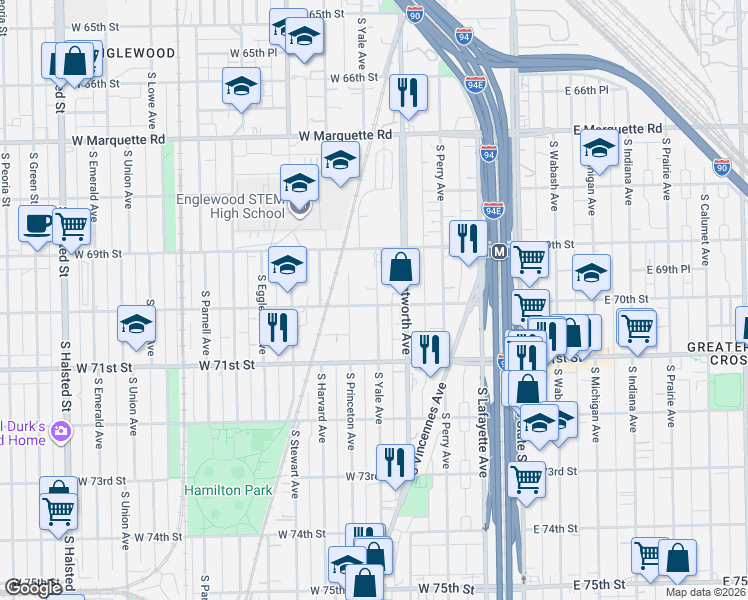 map of restaurants, bars, coffee shops, grocery stores, and more near 6950 South Yale Avenue in Chicago