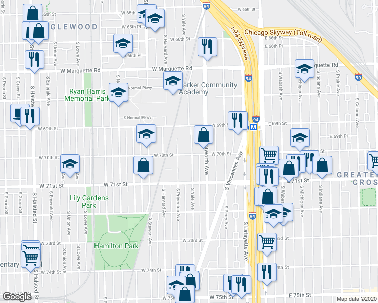 map of restaurants, bars, coffee shops, grocery stores, and more near 6950 South Yale Avenue in Chicago