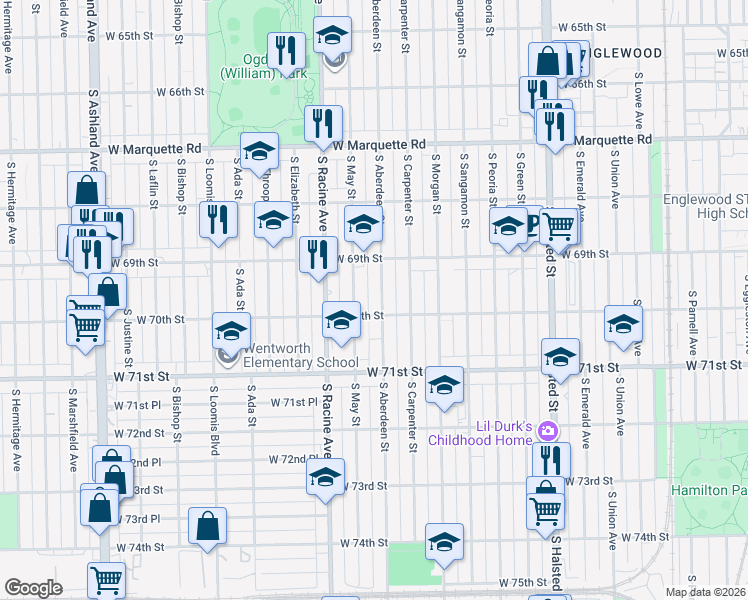 map of restaurants, bars, coffee shops, grocery stores, and more near 6941 South May Street in Chicago