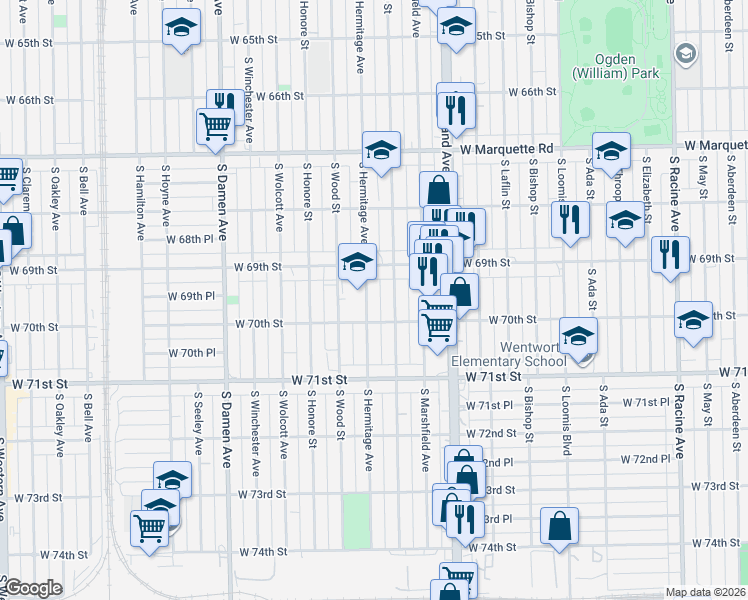 map of restaurants, bars, coffee shops, grocery stores, and more near 6933 South Hermitage Avenue in Chicago