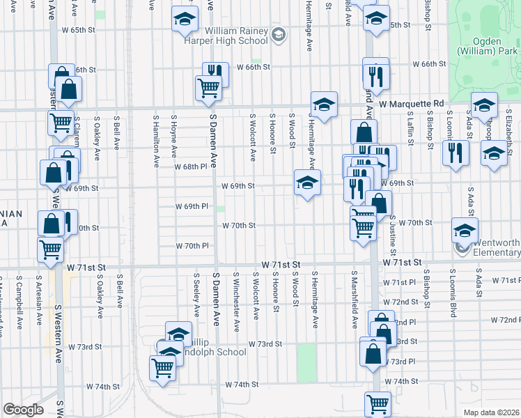 map of restaurants, bars, coffee shops, grocery stores, and more near 6932 South Honore Street in Chicago