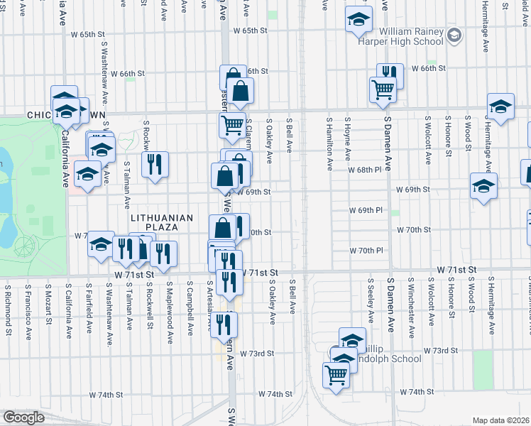 map of restaurants, bars, coffee shops, grocery stores, and more near 6928 South Oakley Avenue in Chicago