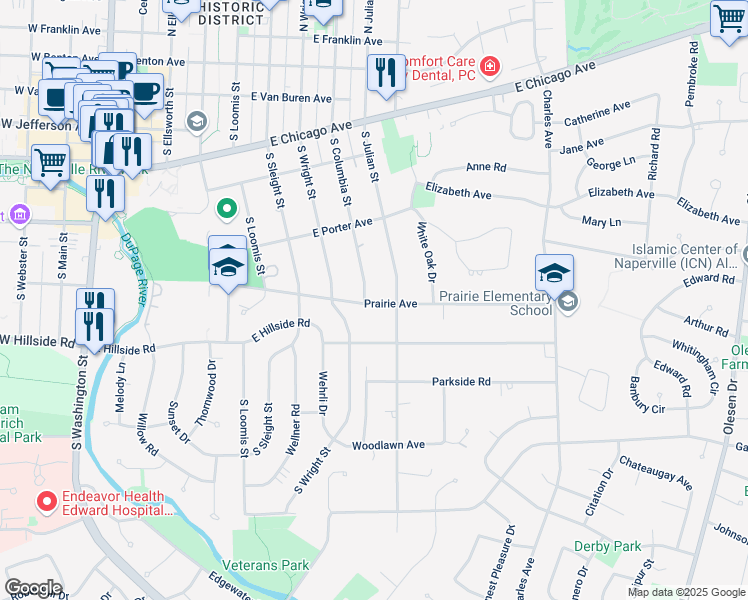 map of restaurants, bars, coffee shops, grocery stores, and more near 623 Prairie Avenue in Naperville