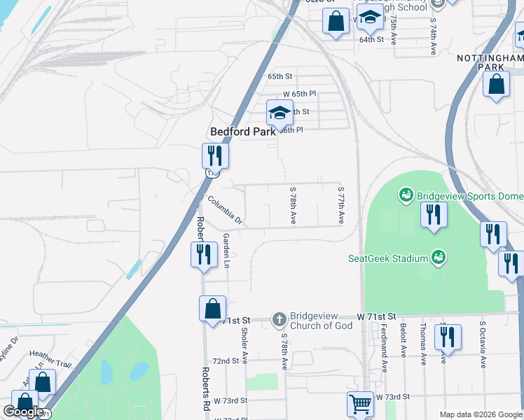 map of restaurants, bars, coffee shops, grocery stores, and more near 6806 La Porte Court in Bridgeview